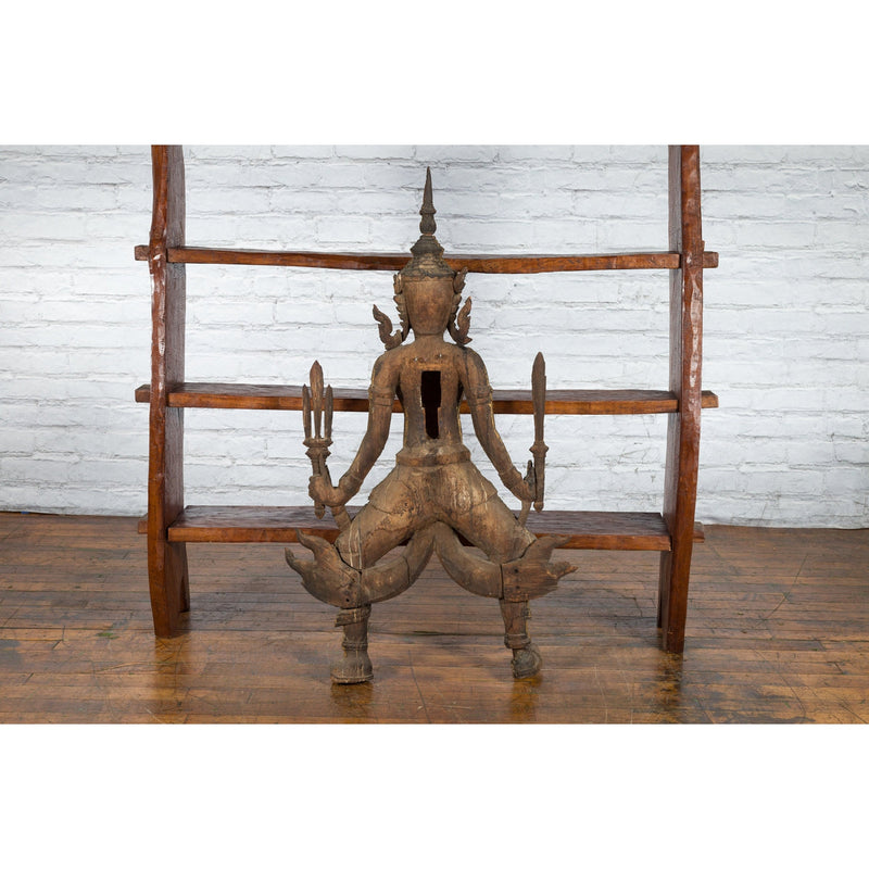 Hand-Carved Wooden Temple Sculpture Depicting a Thai Warrior Ready for Battle-YNE568-4. Asian & Chinese Furniture, Art, Antiques, Vintage Home Décor for sale at FEA Home