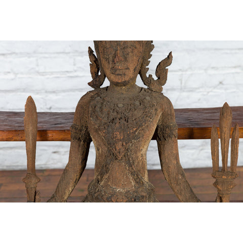 Hand-Carved Wooden Temple Sculpture Depicting a Thai Warrior Ready for Battle-YNE568-6. Asian & Chinese Furniture, Art, Antiques, Vintage Home Décor for sale at FEA Home