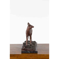 Vintage Lost Wax Cast Bronze Statuette of a Deer Mounted on Marble Base