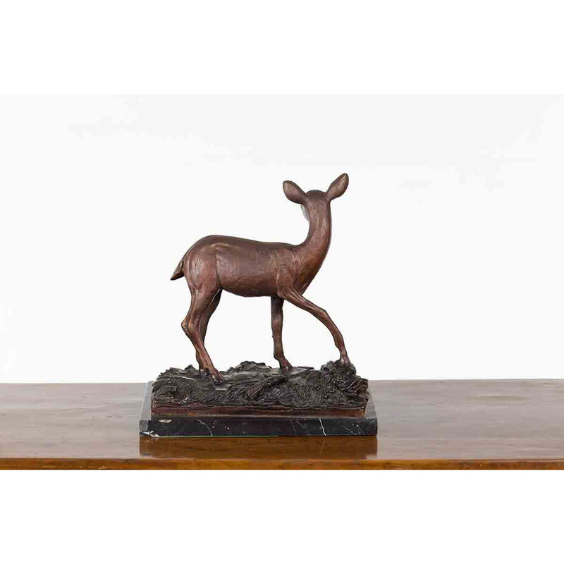 Vintage Lost Wax Cast Bronze Statuette of a Deer Mounted on Marble Base