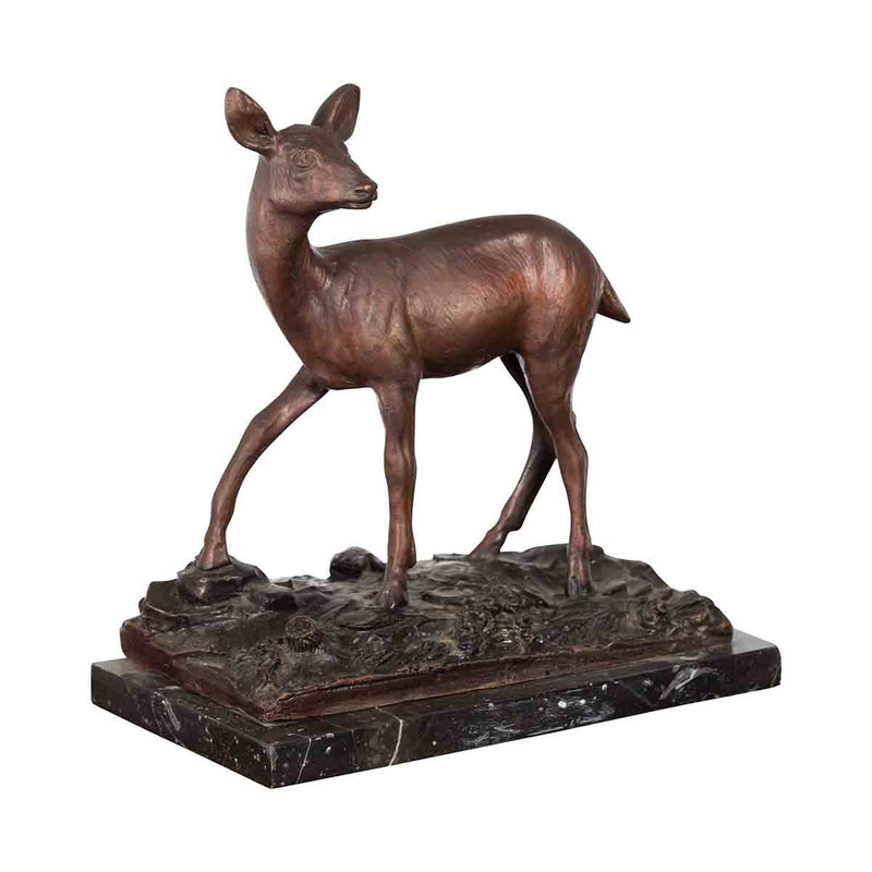 Vintage Lost Wax Cast Bronze Statuette of a Deer Mounted on Marble Base- Asian Antiques, Vintage Home Decor & Chinese Furniture - FEA Home