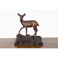 Vintage Lost Wax Cast Bronze Statuette of a Deer Mounted on Marble Base