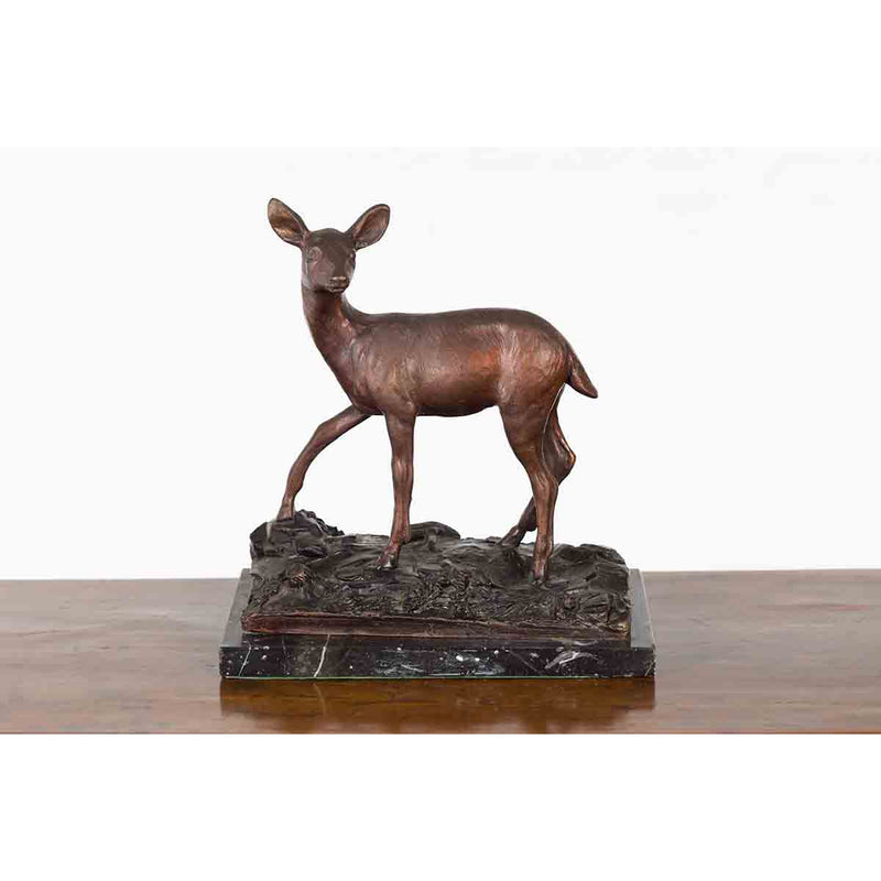 Vintage Lost Wax Cast Bronze Statuette of a Deer Mounted on Marble Base-5. Asian & Chinese Furniture, Art, Antiques, Vintage Home Décor for sale at FEA Home