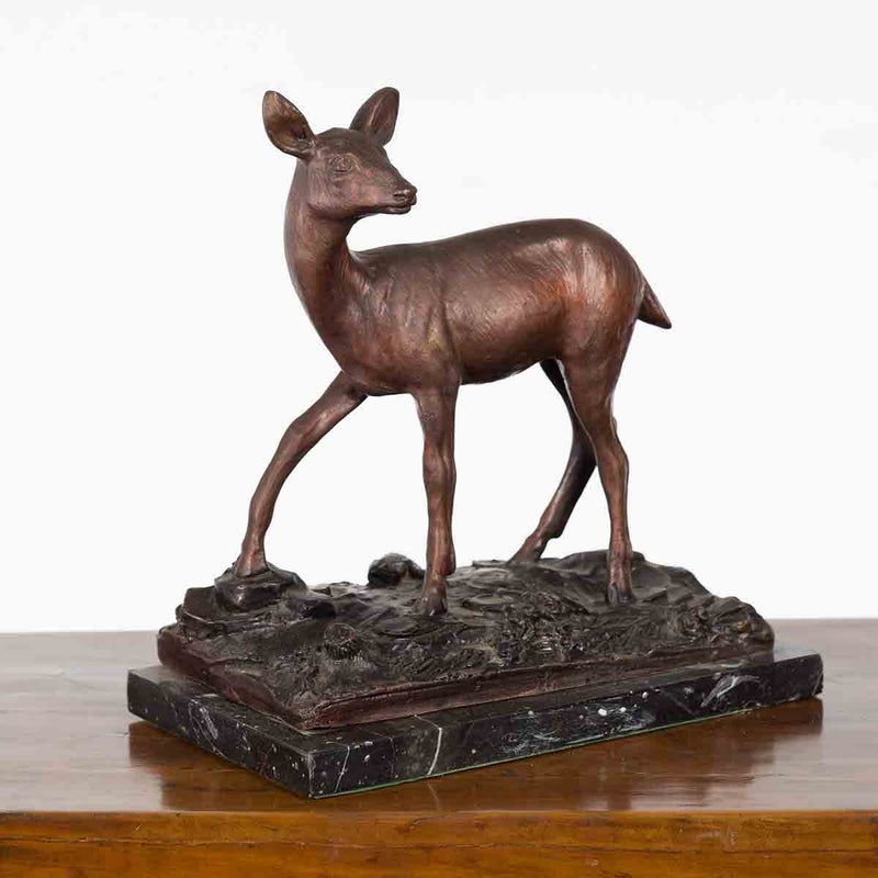 Vintage Lost Wax Cast Bronze Statuette of a Deer Mounted on Marble Base-2. Asian & Chinese Furniture, Art, Antiques, Vintage Home Décor for sale at FEA Home