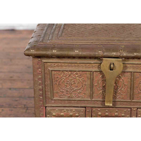 19th Century Indian Brass over Wood Bridal Chest with Hand-Tooled Décor
