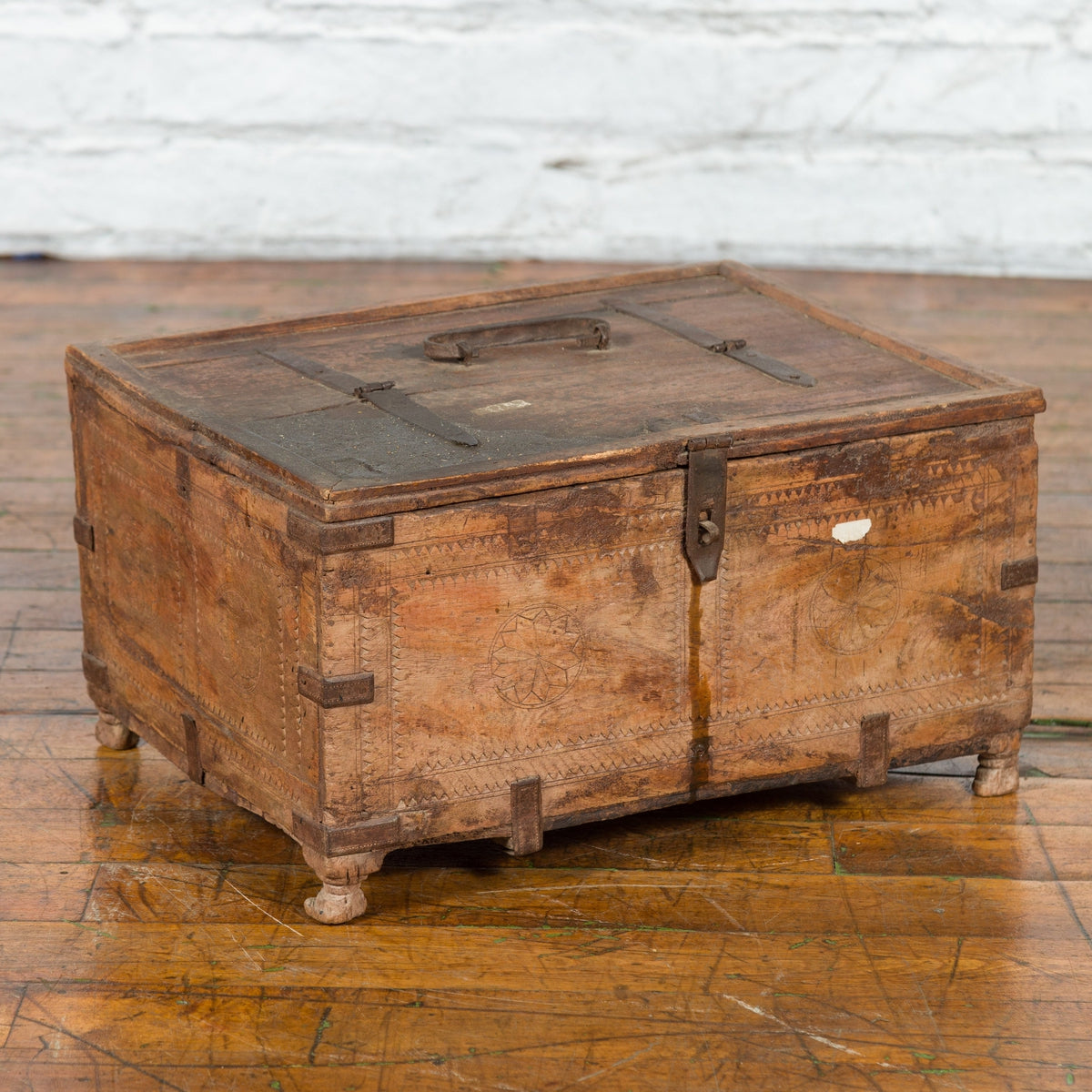 Rustic Indian 19th Century Treasure Box with Carved Rosettes and Small Feet-2. Asian & Chinese Furniture, Art, Antiques, Vintage Home Décor for sale at FEA Home