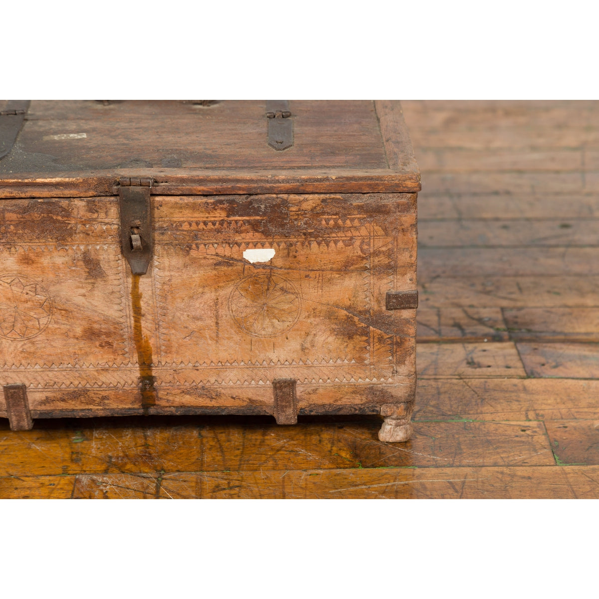 Rustic Indian 19th Century Treasure Box with Carved Rosettes and Small Feet-9. Asian &amp; Chinese Furniture, Art, Antiques, Vintage Home Décor for sale at FEA Home