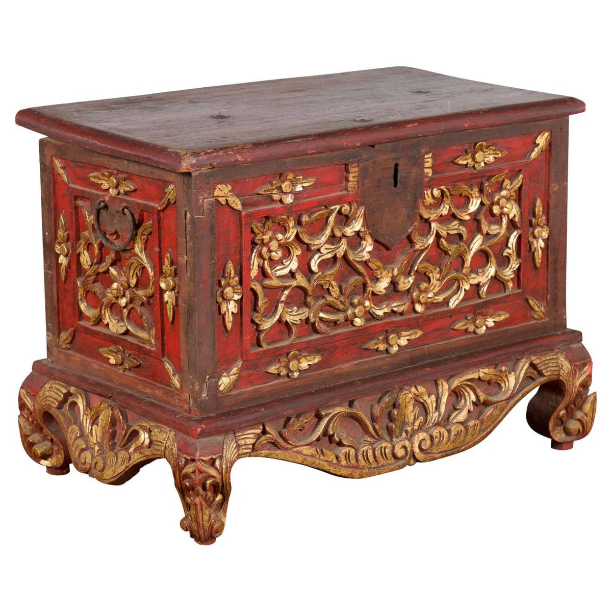 Antique Madura Hand Carved Wooden Treasure Chest with Red and Gold Décor-1. Asian & Chinese Furniture, Art, Antiques, Vintage Home Décor for sale at FEA Home