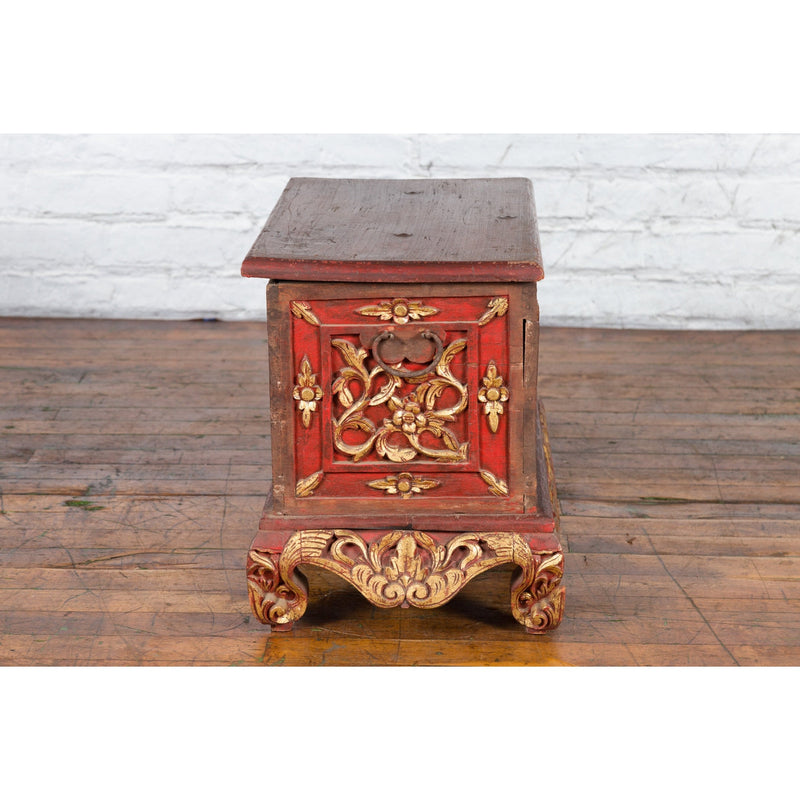 Antique Madura Hand Carved Wooden Treasure Chest with Red and Gold Décor-YNE851-14. Asian & Chinese Furniture, Art, Antiques, Vintage Home Décor for sale at FEA Home