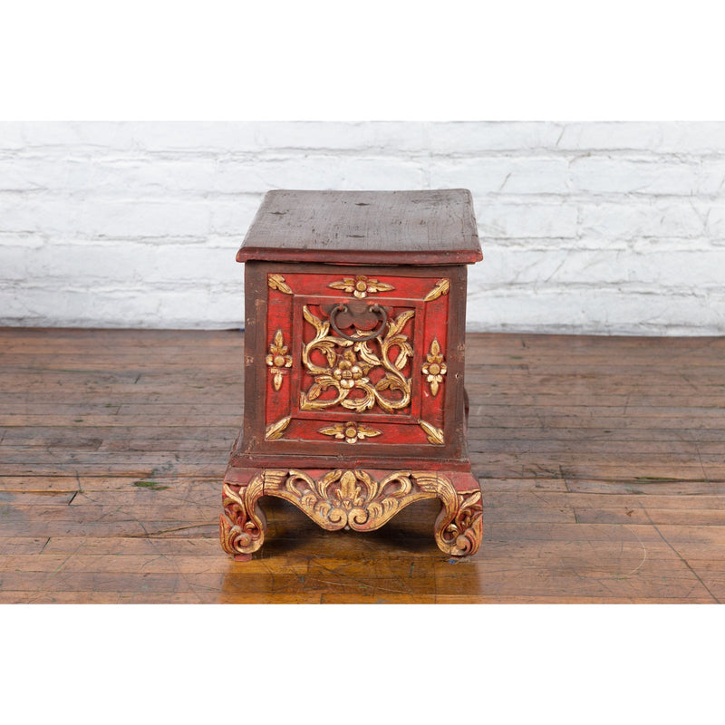 Antique Madura Hand Carved Wooden Treasure Chest with Red and Gold Décor-YNE851-16. Asian & Chinese Furniture, Art, Antiques, Vintage Home Décor for sale at FEA Home