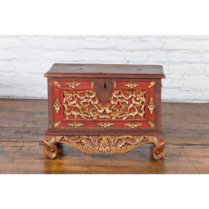 Antique Madura Hand Carved Wooden Treasure Chest with Red and Gold Décor-YNE851-17. Asian & Chinese Furniture, Art, Antiques, Vintage Home Décor for sale at FEA Home