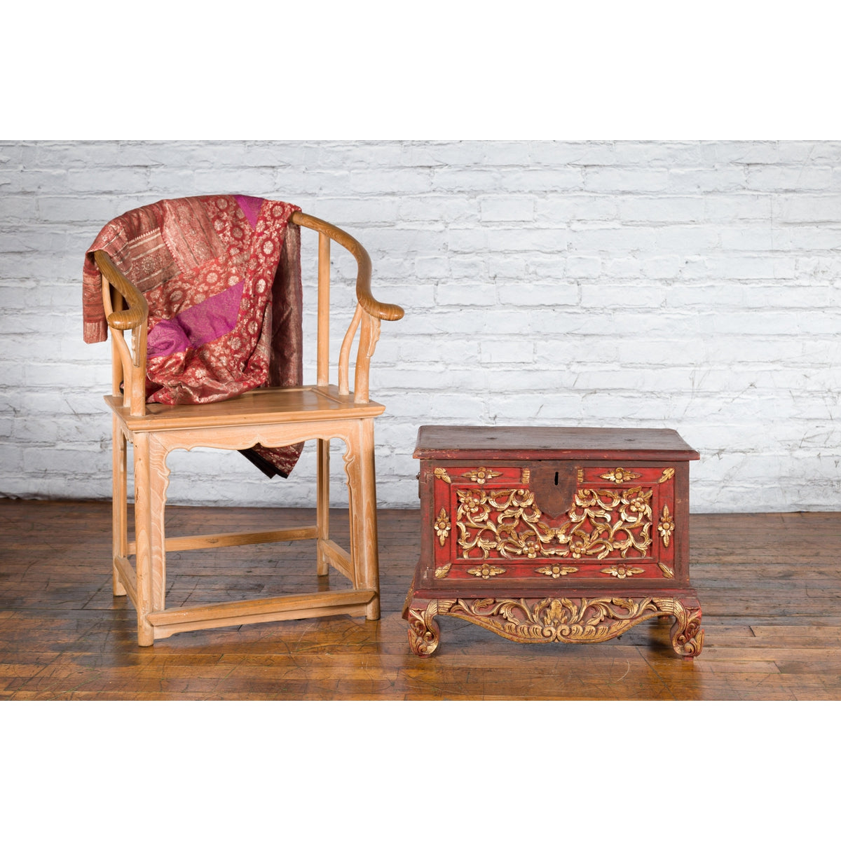 Antique Madura Hand Carved Wooden Treasure Chest with Red and Gold Décor-2. Asian & Chinese Furniture, Art, Antiques, Vintage Home Décor for sale at FEA Home