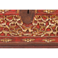 Antique Madura Hand Carved Wooden Treasure Chest with Red and Gold Décor
