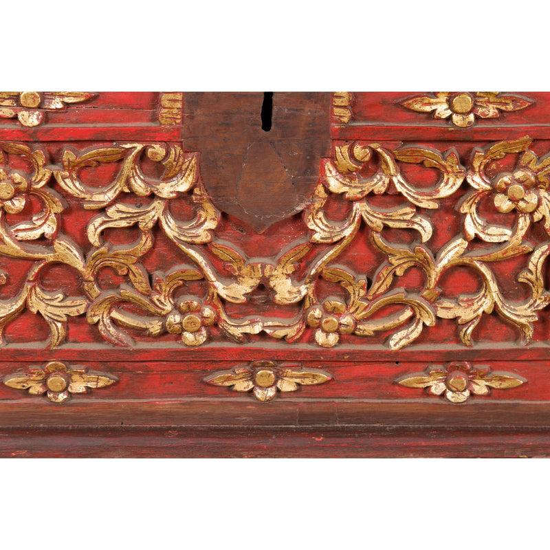 Antique Madura Hand Carved Wooden Treasure Chest with Red and Gold Décor-YNE851-8. Asian & Chinese Furniture, Art, Antiques, Vintage Home Décor for sale at FEA Home