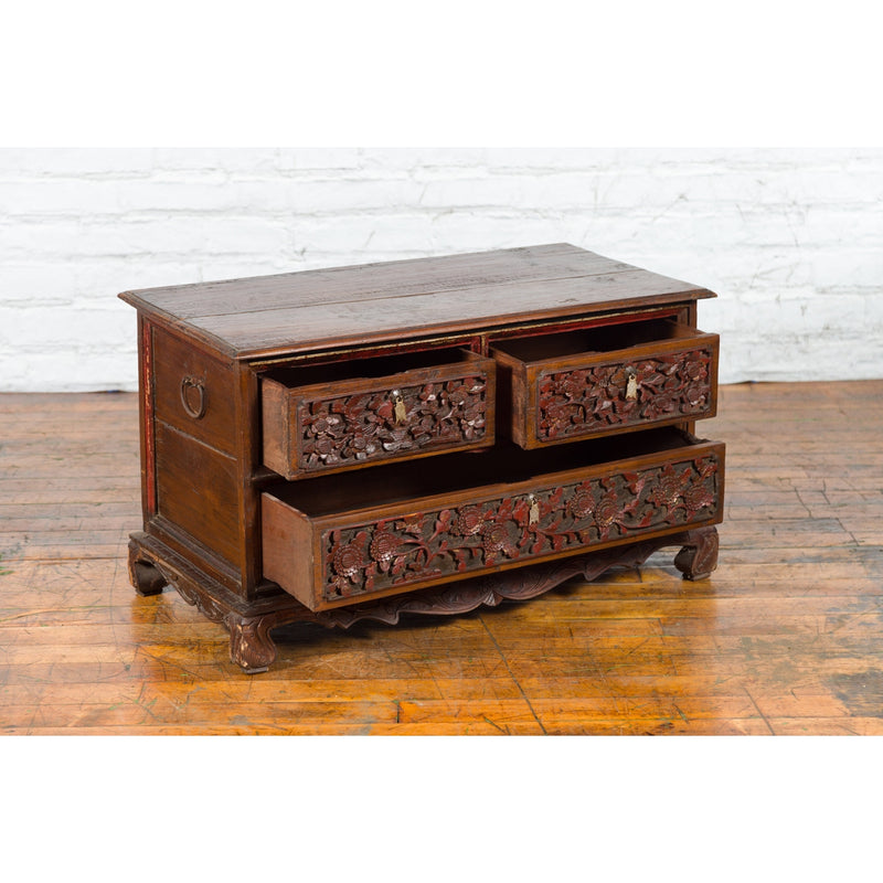 Early 20th Century Madurese Treasure Chest with Hand-Carved Floral Décor