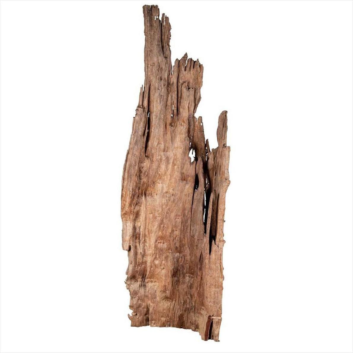 Brown driftwood carving with jagged edges and natural holes, close-up on a white background.