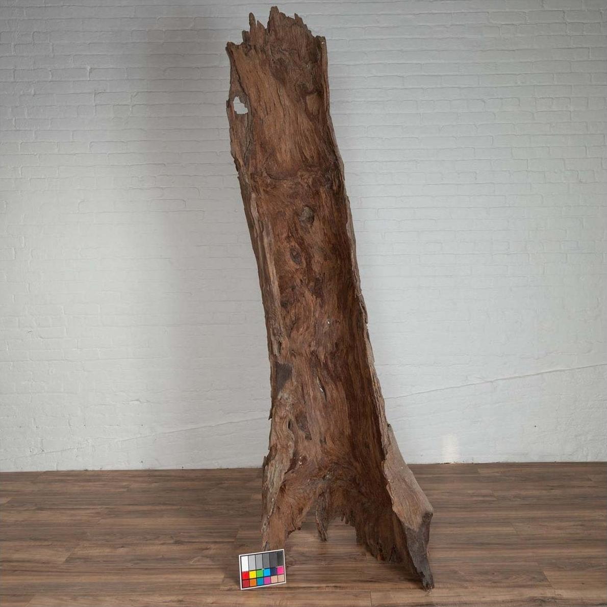 Brown driftwood carving, ancient style, on wood floor with color chart in front, Northern Thailand style.
