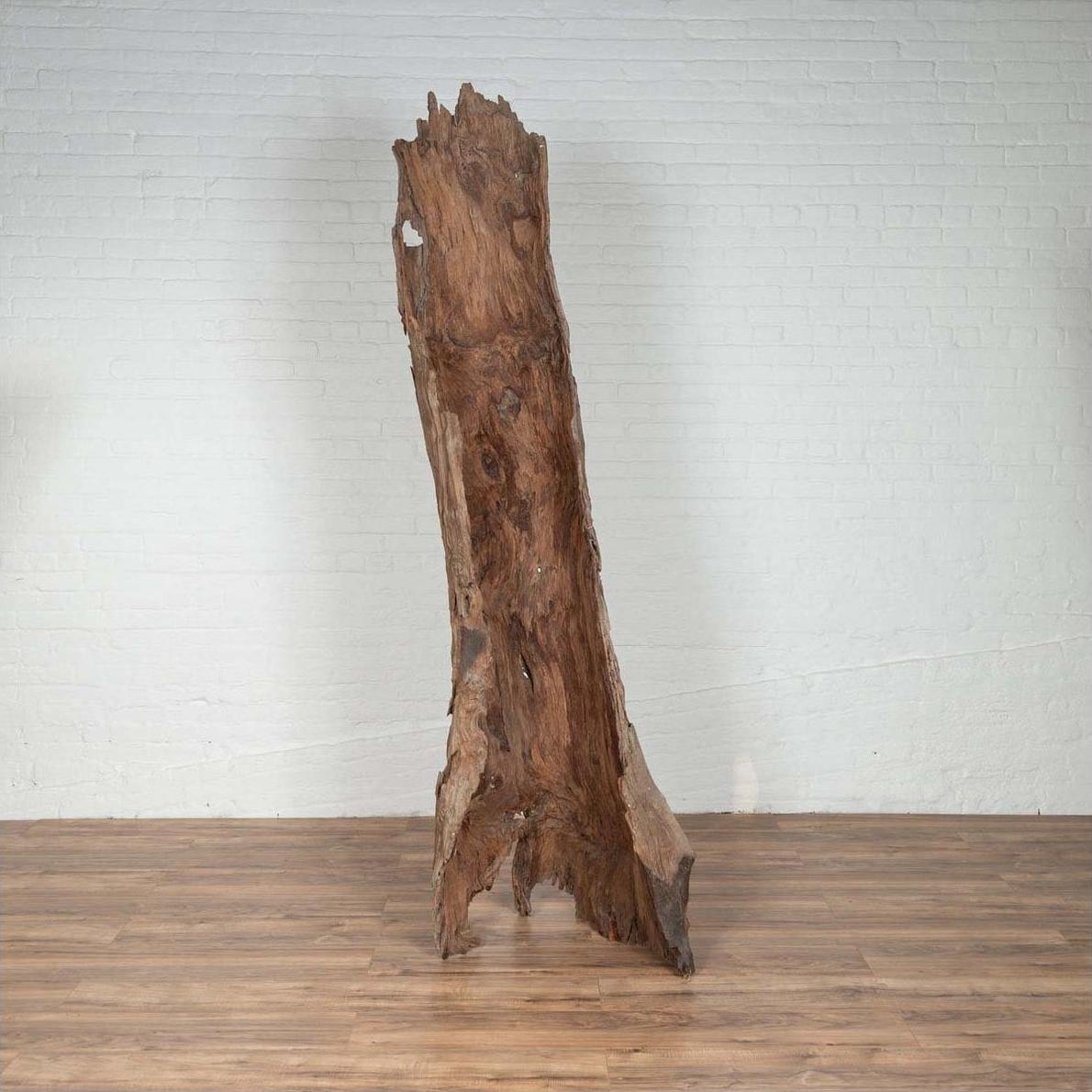 Brown driftwood carving, wood material, placed on a wooden floor indoors against a white brick wall.
