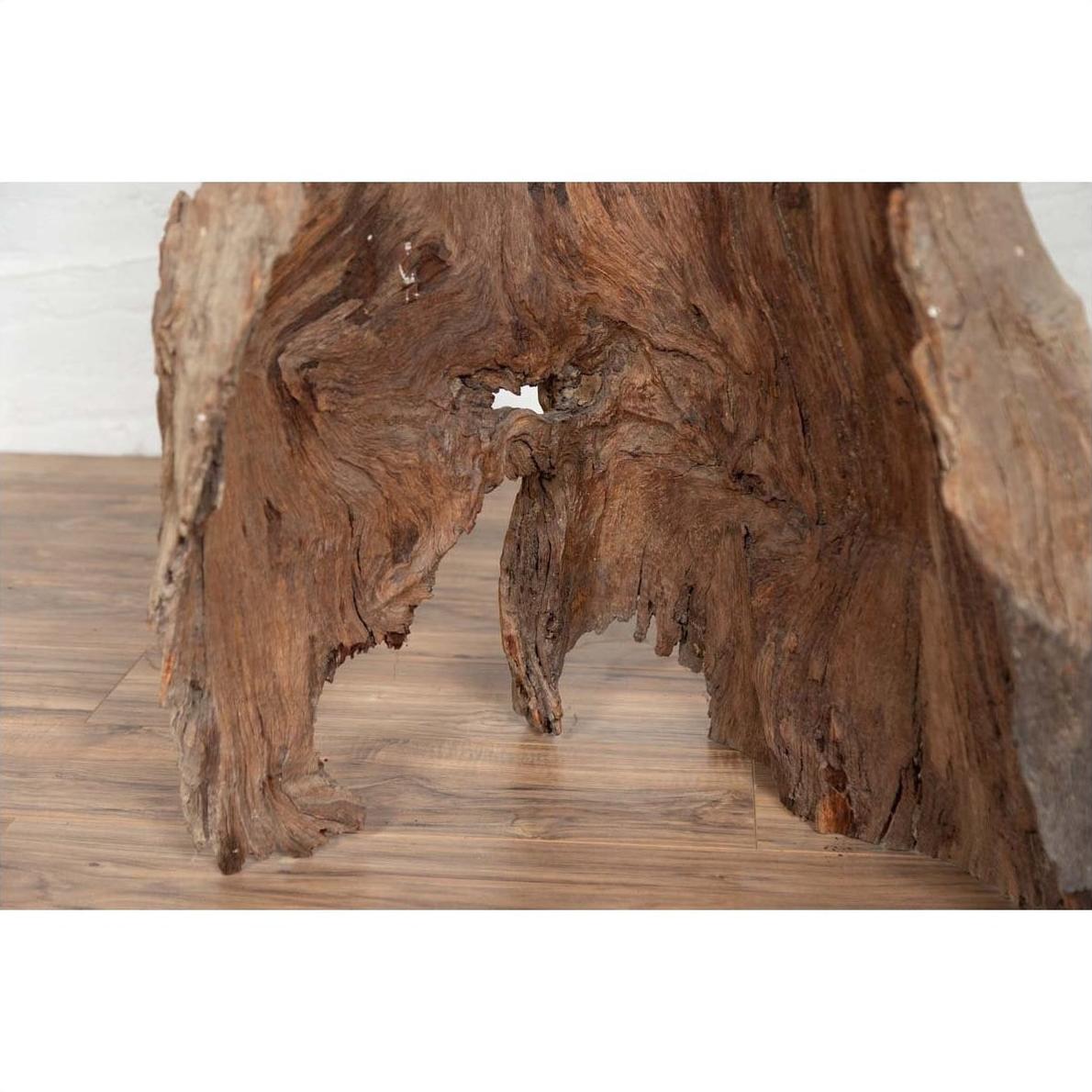 Brown driftwood carving, wood material, indoors on wooden floor with light wall background.