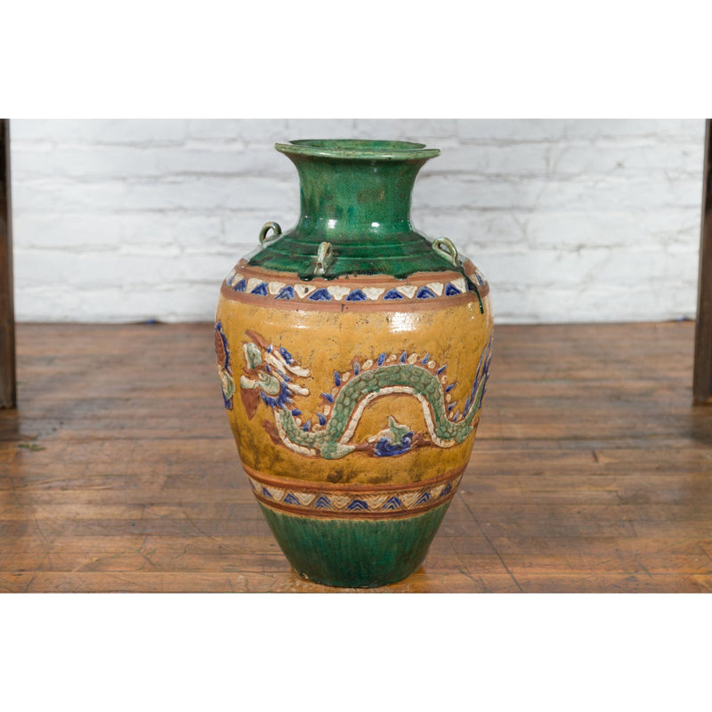 Annamese 19th Century Green Glazed Water Jar with Raised Dragon Motifs-YN3498-5. Asian & Chinese Furniture, Art, Antiques, Vintage Home Décor for sale at FEA Home