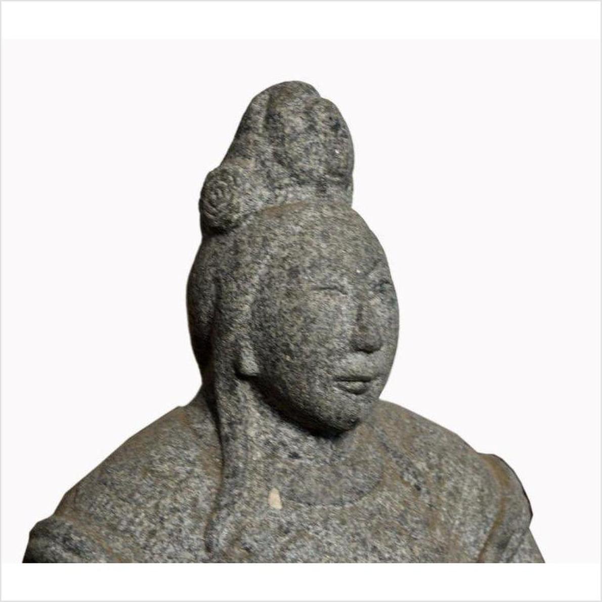 Grey stone hand-carved Chinese guardian sculpture with serene face and elaborate headdress, 19th century.