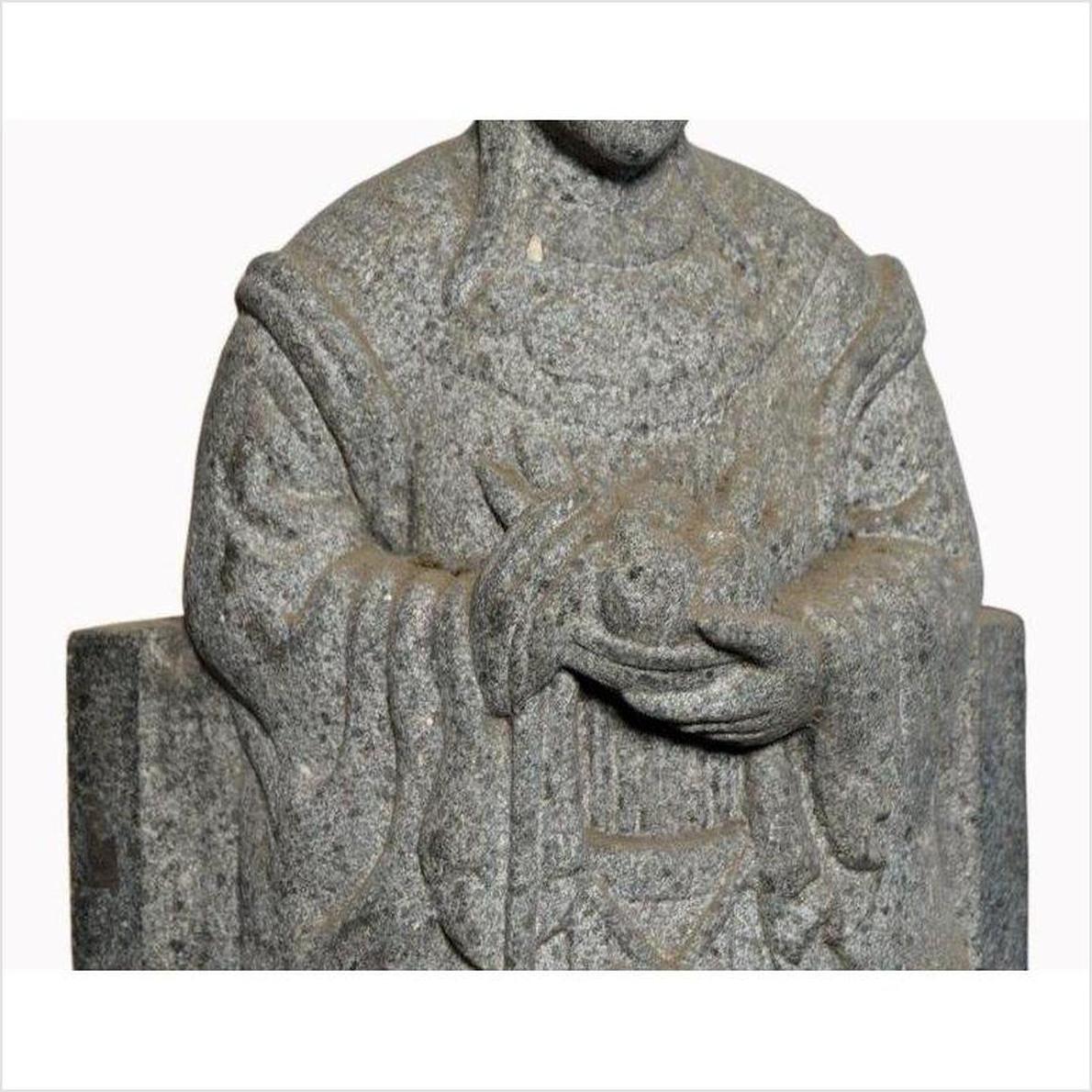 Stone Chinese guardian sculpture in robes, partially visible head, holding object, antique 19th century.