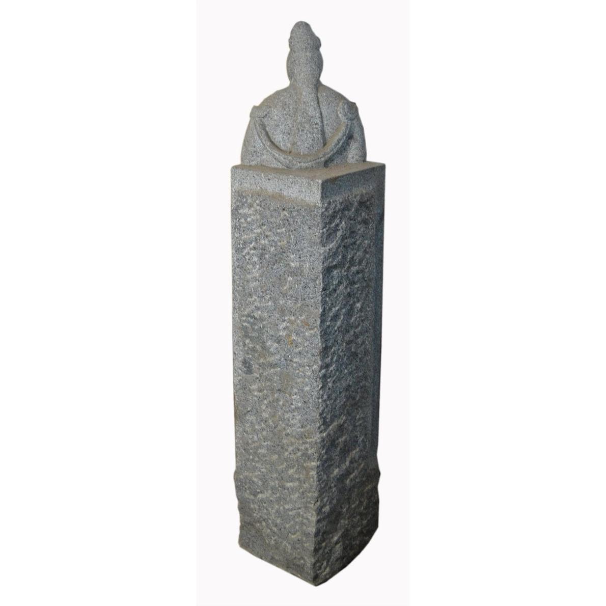 Gray stone pillar with hand-carved seated figure, antique 19th century Chinese sculpture, rear view.