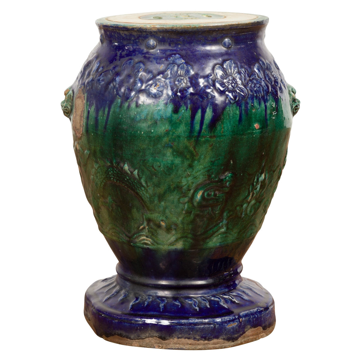 Antique Annamese Blue and Green Glazed Ceramic Garden Seat on Shaped Base-1. Asian & Chinese Furniture, Art, Antiques, Vintage Home Décor for sale at FEA Home