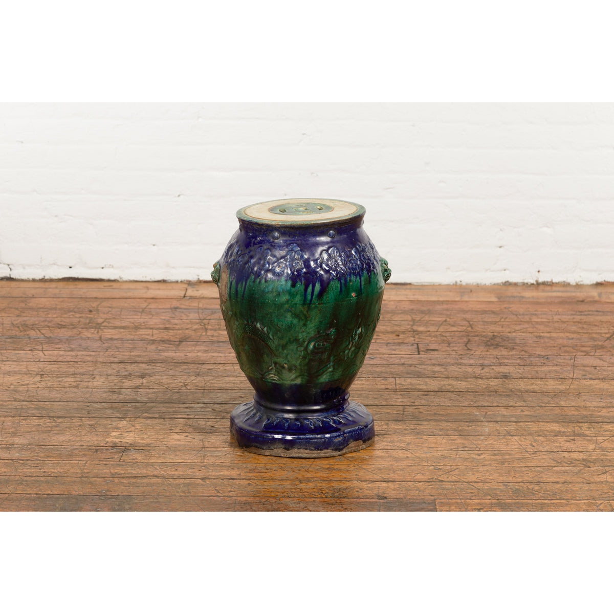 Antique Annamese Blue and Green Glazed Ceramic Garden Seat on Shaped Base-2. Asian & Chinese Furniture, Art, Antiques, Vintage Home Décor for sale at FEA Home