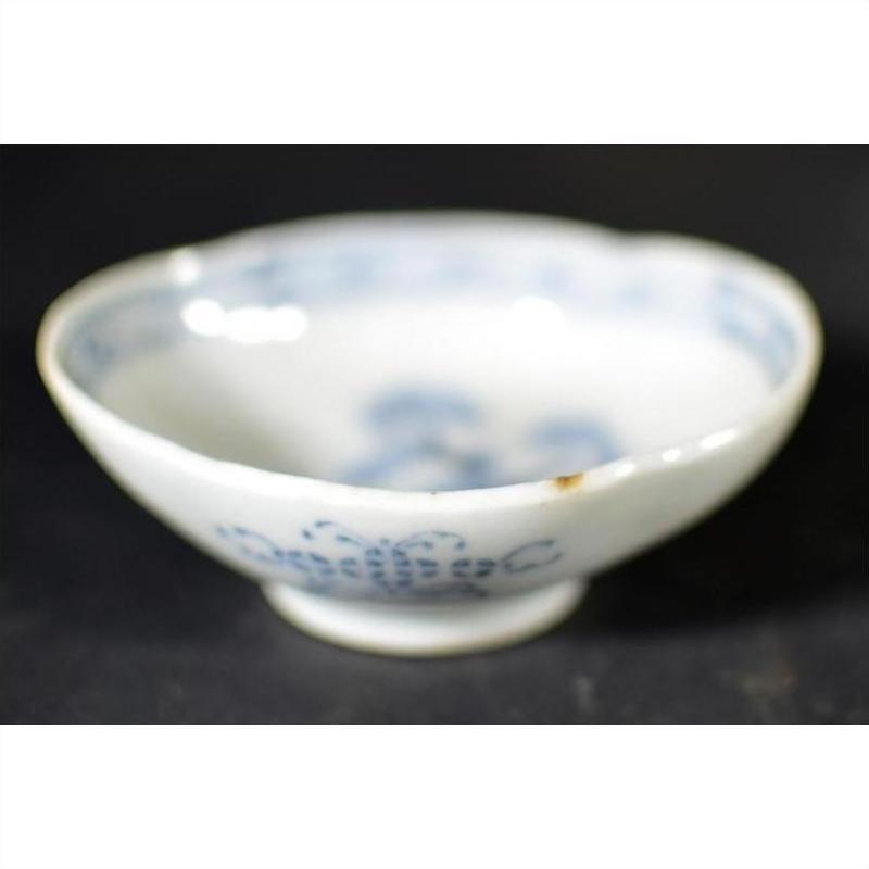Close-up of blue and white hand painted porcelain bowl with slight rim chips, on a dark surface.