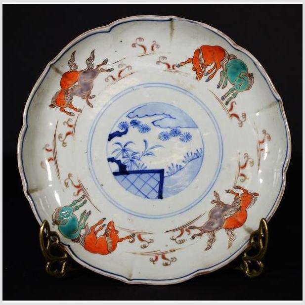 Antique Asian Hand Painted Porcelain Plate – Prancing Goats, Chrysanthemum Scene-1. Asian & Chinese Furniture, Art, Antiques, Vintage Home Décor for sale at FEA Home