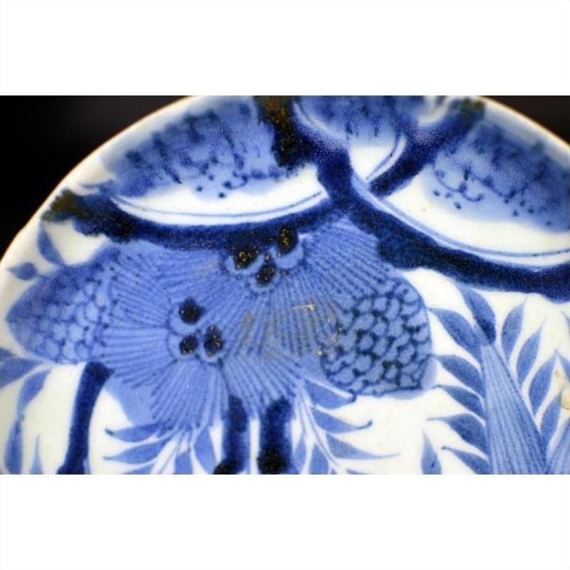 Close-up of antique hand painted porcelain plate featuring pine cone cluster and dense foliage motif.