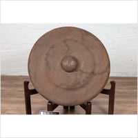 Antique Burmese Bronze Temple Gong with Red Mallet and Raised Center