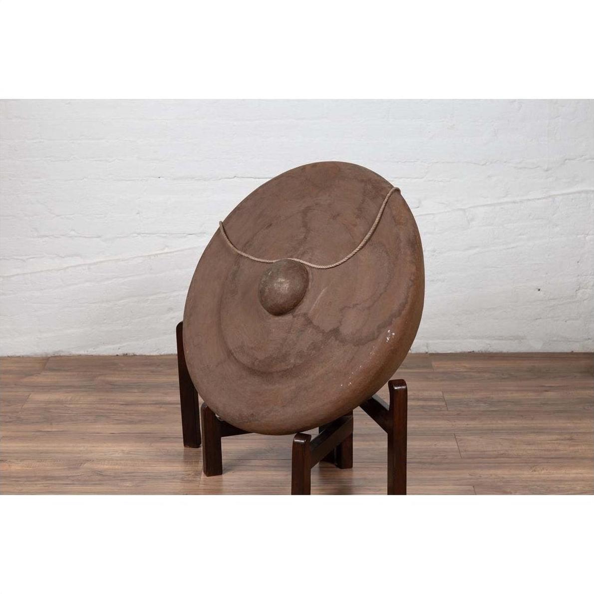 Antique Burmese Bronze Temple Gong with Red Mallet and Raised Center-9. Asian &amp; Chinese Furniture, Art, Antiques, Vintage Home Décor for sale at FEA Home