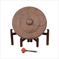 Antique Burmese Bronze Temple Gong with Red Mallet and Raised Center