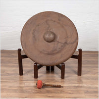 Antique Burmese Bronze Temple Gong with Red Mallet and Raised Center