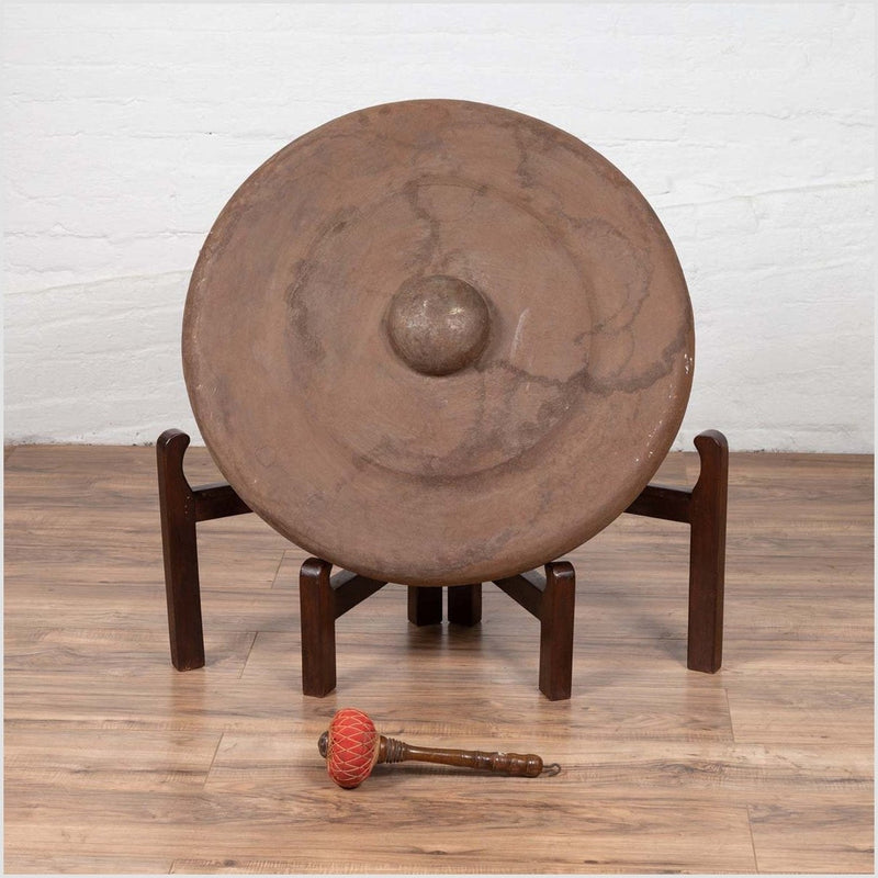 Antique Burmese Bronze Temple Gong with Red Mallet and Raised Center-YN6538-2. Asian & Chinese Furniture, Art, Antiques, Vintage Home Décor for sale at FEA Home