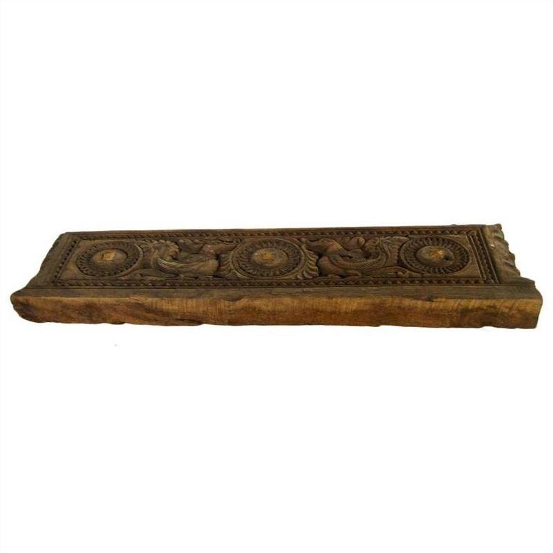 Brown wooden rectangular panel with intricate floral and animal carvings, displayed on a plain white background.