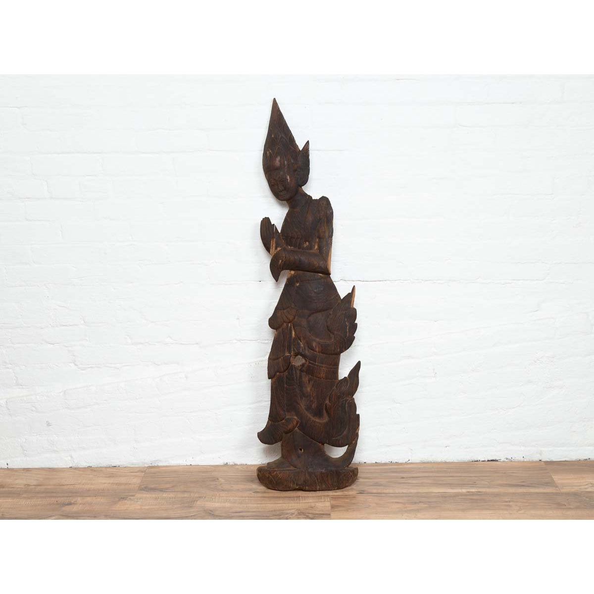 Antique Carved Wooden Sculpture of a Thai Praying with Dark Brown Patina-4. Asian &amp; Chinese Furniture, Art, Antiques, Vintage Home Décor for sale at FEA Home