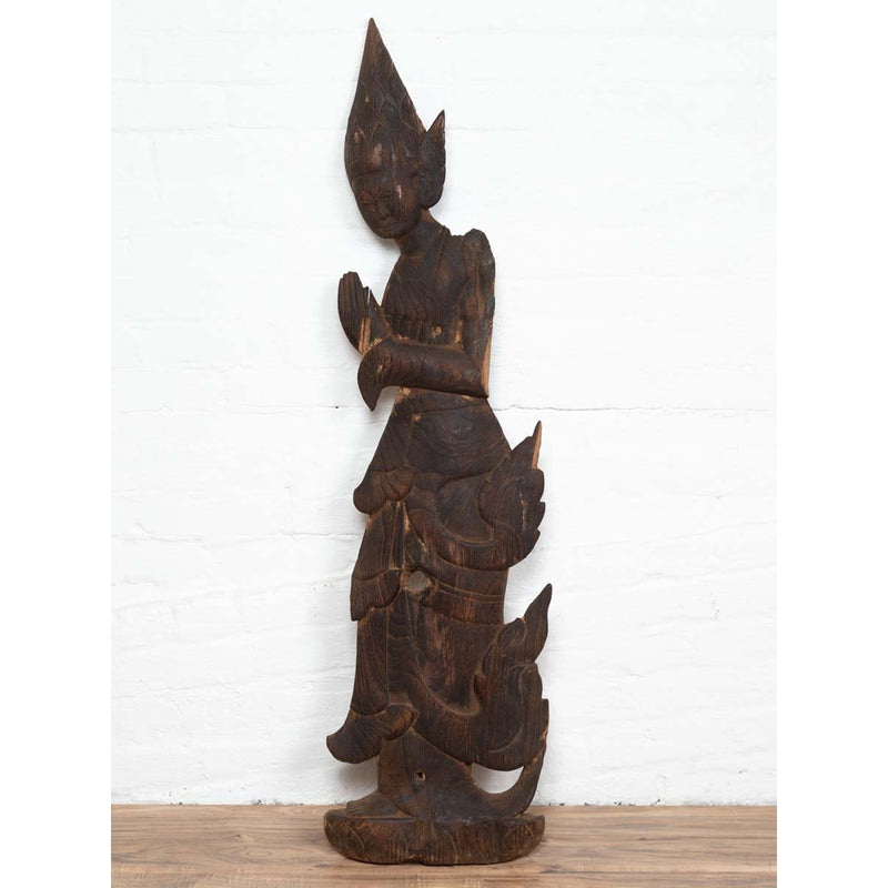 Antique Carved Wooden Sculpture of a Thai Praying with Dark Brown Patina