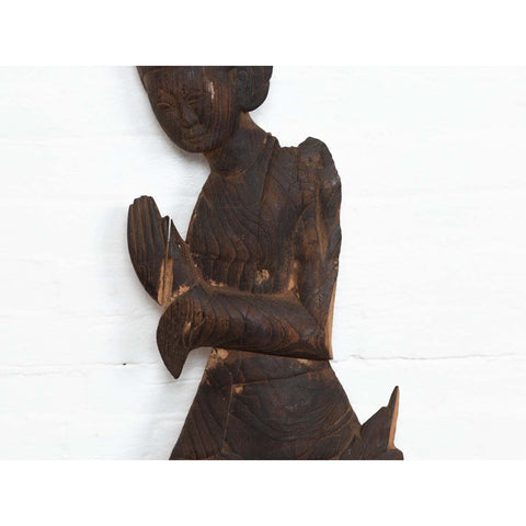 Antique Carved Wooden Sculpture of a Thai Praying with Dark Brown Patina-YN6506-7. Asian & Chinese Furniture, Art, Antiques, Vintage Home Décor for sale at FEA Home