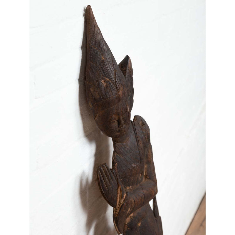 Antique Carved Wooden Sculpture of a Thai Praying with Dark Brown Patina-YN6506-10. Asian & Chinese Furniture, Art, Antiques, Vintage Home Décor for sale at FEA Home