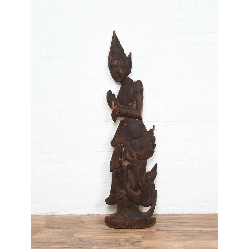 Antique Carved Wooden Sculpture of a Thai Praying with Dark Brown Patina-YN6506-2. Asian & Chinese Furniture, Art, Antiques, Vintage Home Décor for sale at FEA Home