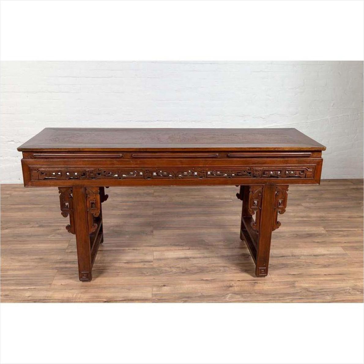 Antique Chinese Altar Console Table with Overhang Top and Open Fretwork Scrolls-11. Asian &amp; Chinese Furniture, Art, Antiques, Vintage Home Décor for sale at FEA Home