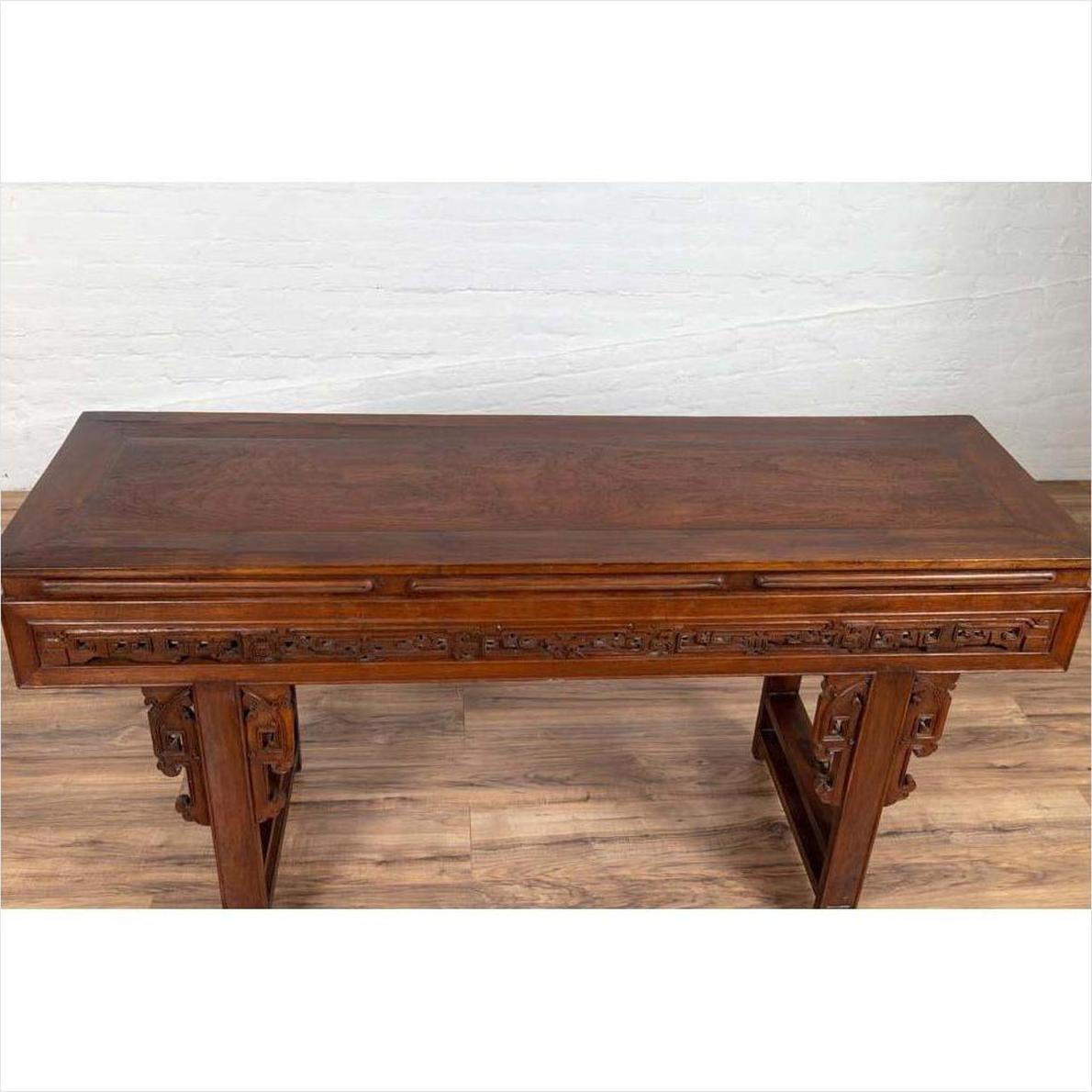 Antique Chinese Altar Console Table with Overhang Top and Open Fretwork Scrolls-12. Asian &amp; Chinese Furniture, Art, Antiques, Vintage Home Décor for sale at FEA Home