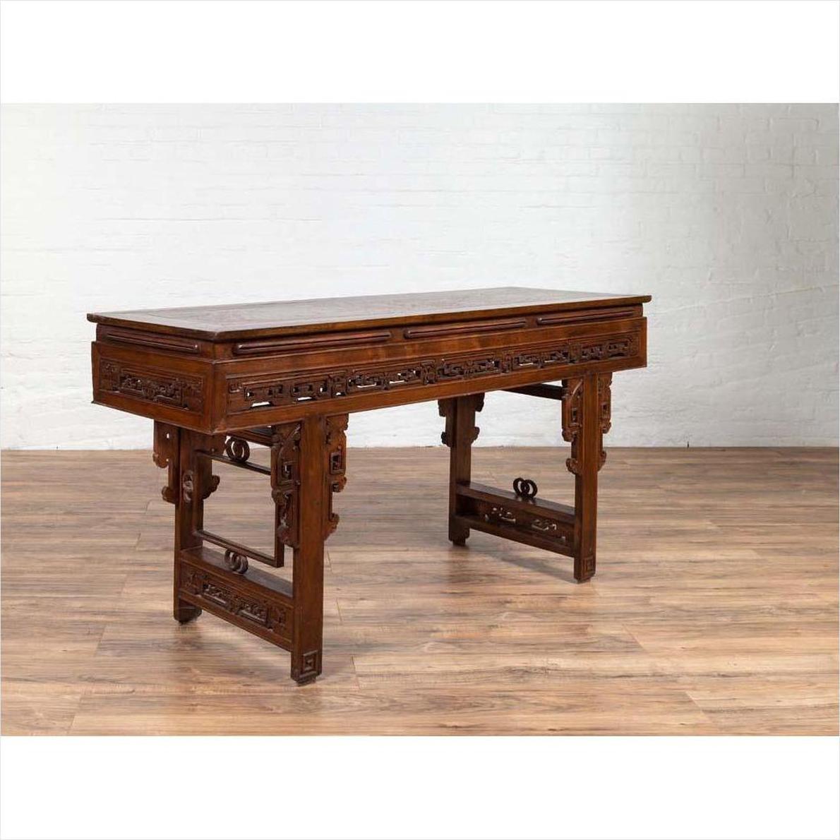 Antique Chinese Altar Console Table with Overhang Top and Open Fretwork Scrolls-13. Asian &amp; Chinese Furniture, Art, Antiques, Vintage Home Décor for sale at FEA Home