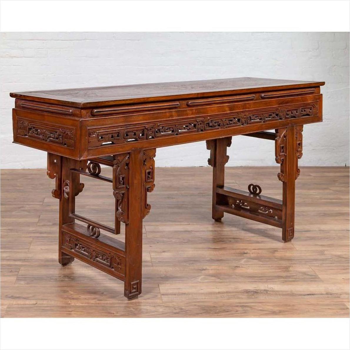 Antique Chinese Altar Console Table with Overhang Top and Open Fretwork Scrolls-14. Asian &amp; Chinese Furniture, Art, Antiques, Vintage Home Décor for sale at FEA Home