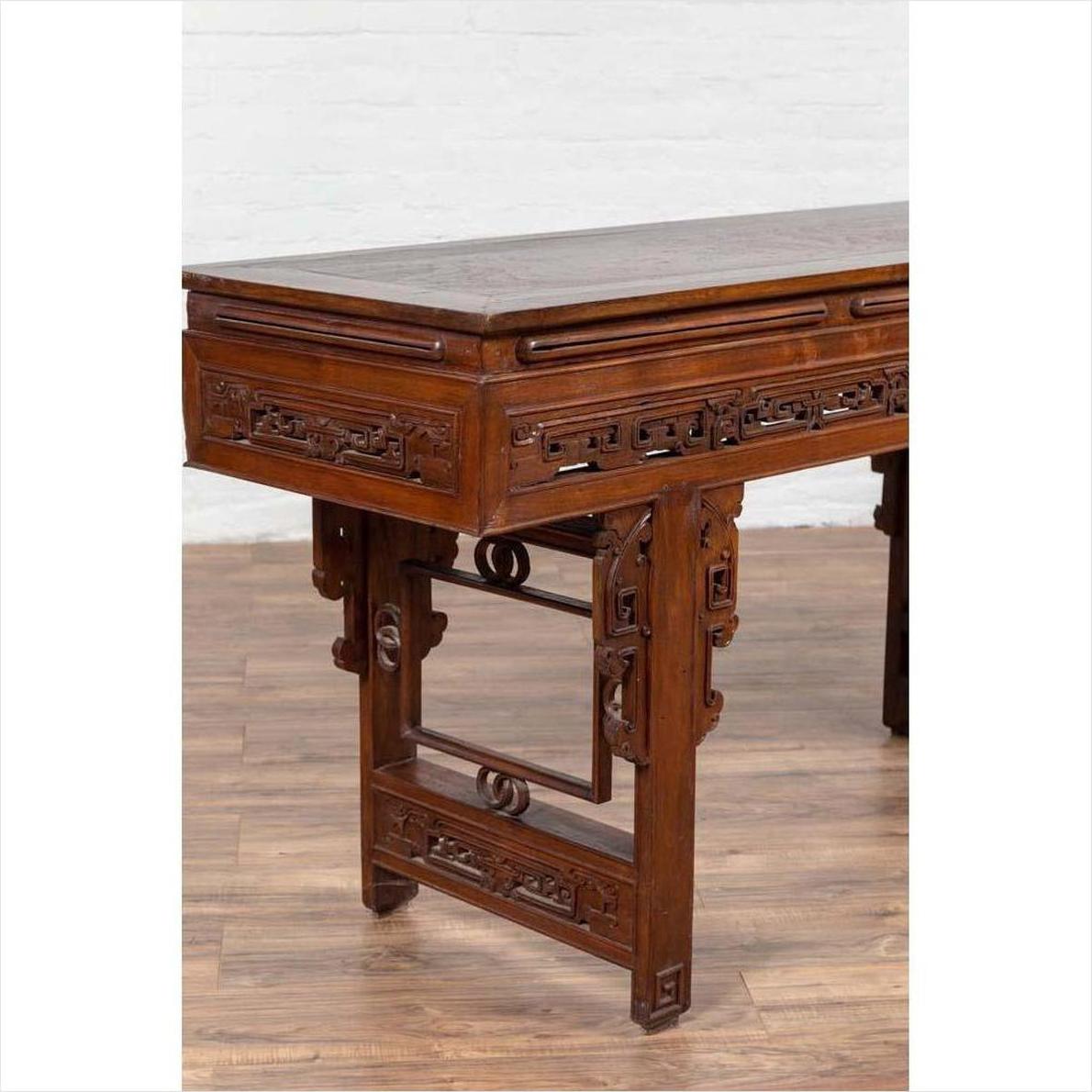 Antique Chinese Altar Console Table with Overhang Top and Open Fretwork Scrolls-15. Asian &amp; Chinese Furniture, Art, Antiques, Vintage Home Décor for sale at FEA Home