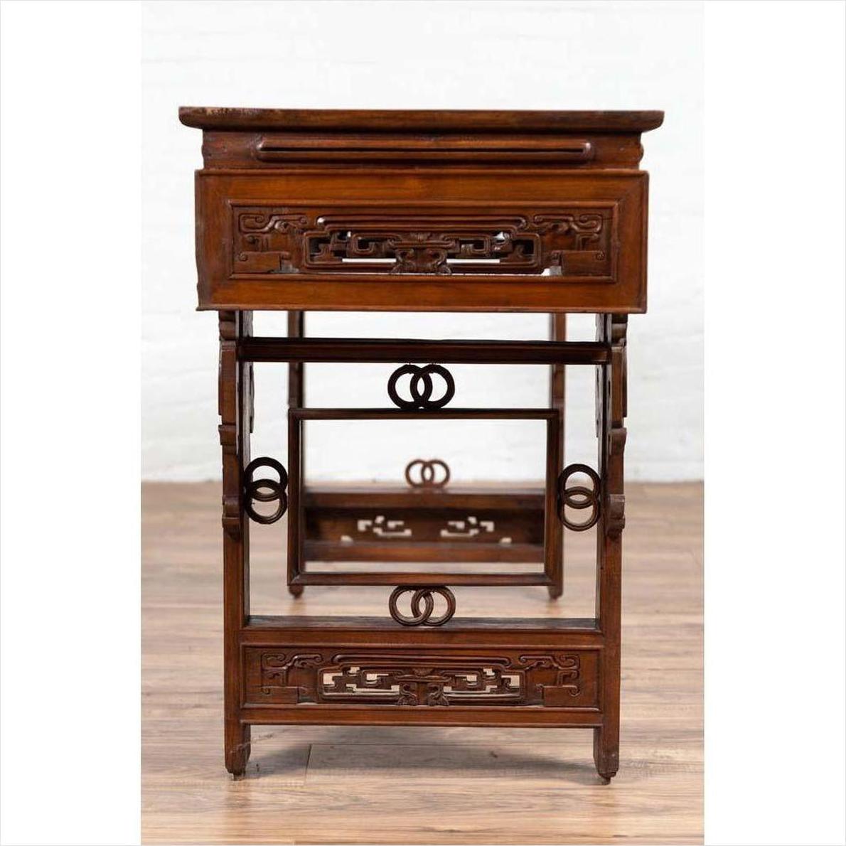 Antique Chinese Altar Console Table with Overhang Top and Open Fretwork Scrolls-16. Asian &amp; Chinese Furniture, Art, Antiques, Vintage Home Décor for sale at FEA Home