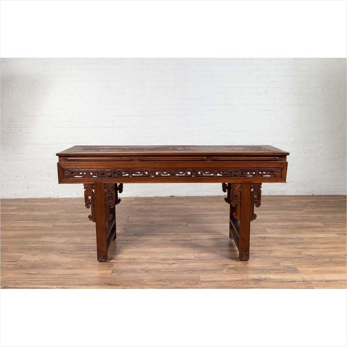 Antique Chinese Altar Console Table with Overhang Top and Open Fretwork Scrolls-17. Asian &amp; Chinese Furniture, Art, Antiques, Vintage Home Décor for sale at FEA Home